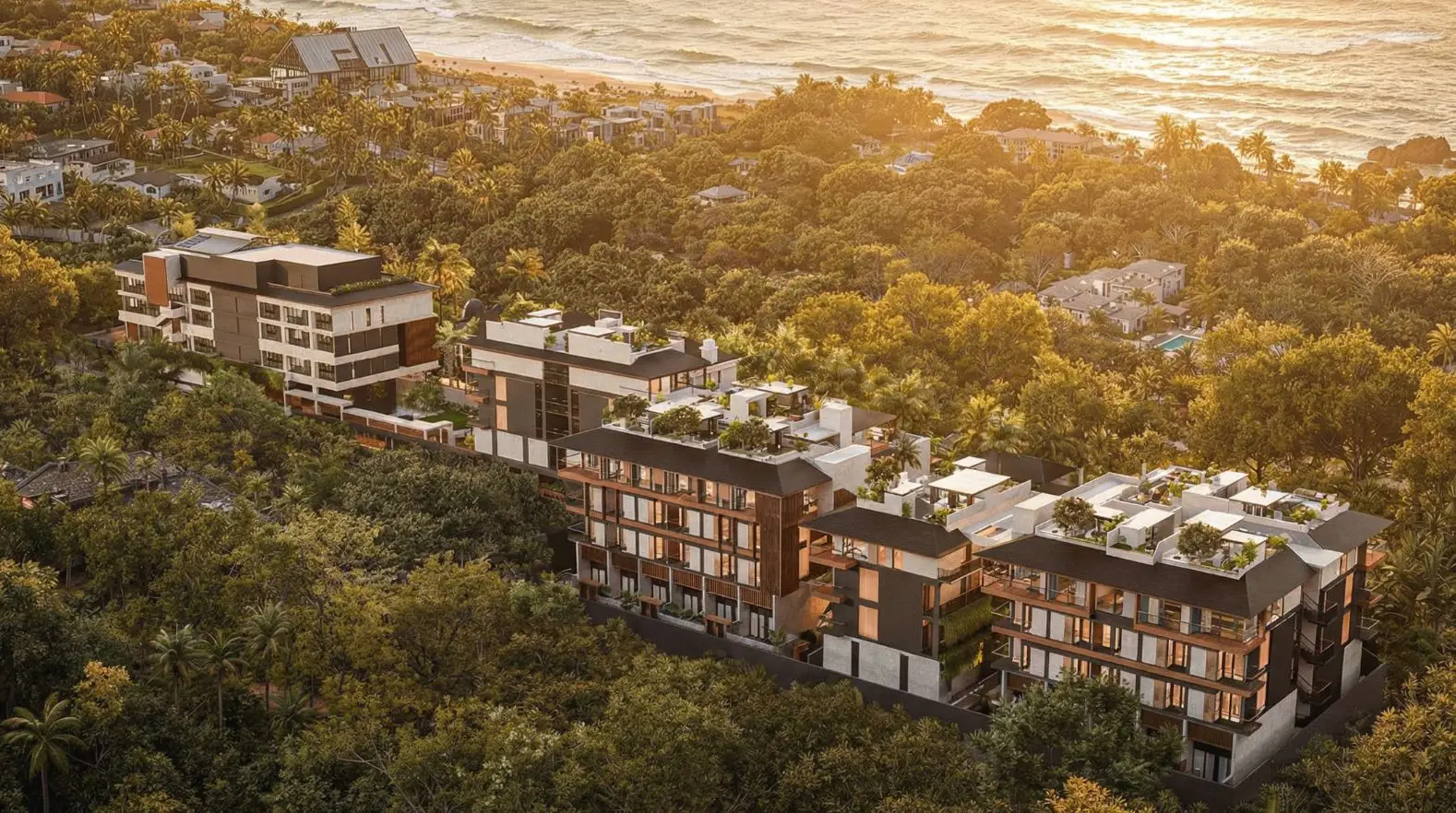 Aerial view of Element Residence and surrounding coast